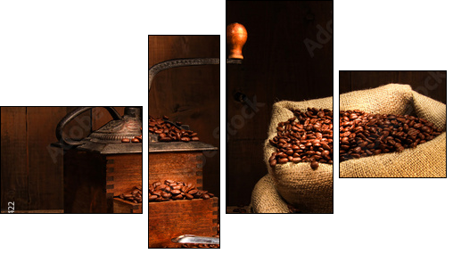 Antique coffee grinder with beans - Vierteiliges Leinwandbild, Viertychon