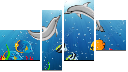 Underwater world with dolphins and tropical fishes - Vierteiliges Leinwandbild, Viertychon