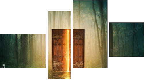 Glowing door in forest - Vierteiliges Leinwandbild, Viertychon