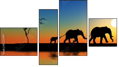 Family of elephants. - Vierteiliges Leinwandbild, Viertychon