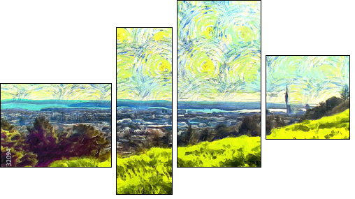 grass filled hillside against a background of trees and a blue sky with clouds - Vierteiliges Leinwandbild, Viertychon