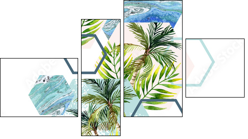 Watercolor tropical leaves and palm trees in geometric shapes seamless pattern - Vierteiliges Leinwandbild, Viertychon