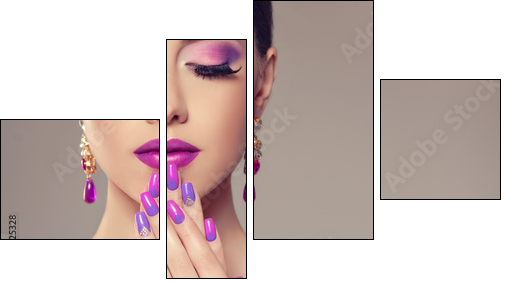 Beautiful girl model with fashion violet make-up and purple design manicure on nails . Jewelry and cosmetics , large violet earrings - Vierteiliges Leinwandbild, Viertychon