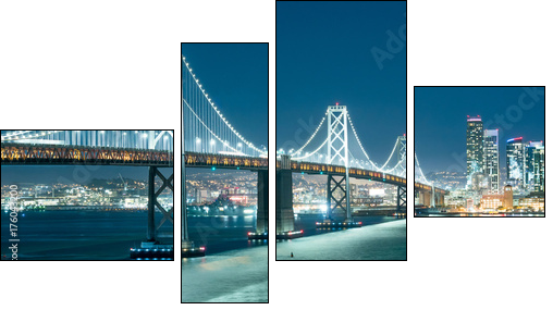 Oakland Bay Bridge and the city light at night. - Vierteiliges Leinwandbild, Viertychon