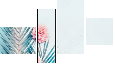 Creative layout with tropical palm leaves and pastel pink flowers on  turquoise blue desktop background, top view, place for text, vertical - Vierteiliges Leinwandbild, Viertychon