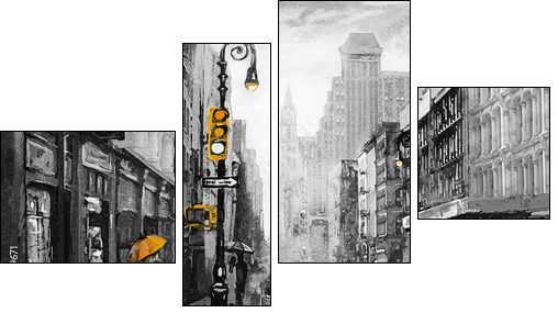 oil painting on canvas, street view of New York, man and woman, yellow taxi,  modern Artwork,  American city, illustration New York - Vierteiliges Leinwandbild, Viertychon