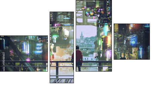 man standing on balcony looking at futuristic city with colorful light, digital art style, illustration painting - Vierteiliges Leinwandbild, Viertychon