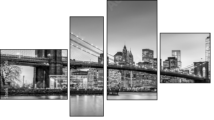 Brooklyn bridge and New York City Manhattan downtown skyline at dusk with skyscrapers illuminated over East River panorama. Panoramic composition. - Vierteiliges Leinwandbild, Viertychon