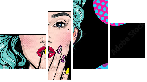 Pop Art illustration of girl with hand.Pop Art girl. Comic woman with speech bubble.Sexy girl. Nails. Lipstick and nail-varnish advertisement. model, 1990s, pop, naive, head, party, face, omg, art,wow - Vierteiliges Leinwandbild, Viertychon