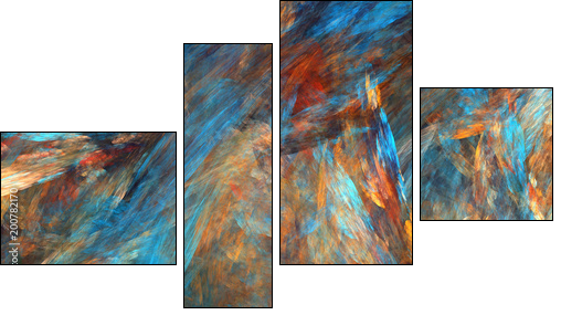 Abstract painted texture. Chaotic blue, orange and red strokes. Fractal background. Fantasy digital art. 3D rendering. - Vierteiliges Leinwandbild, Viertychon