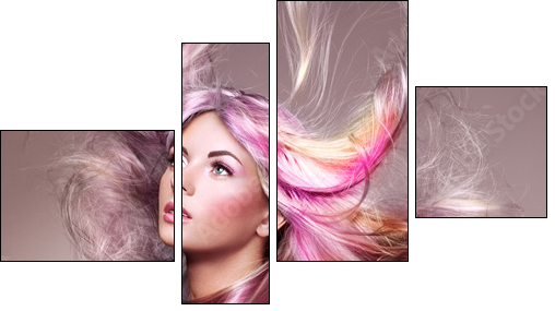 Beauty Fashion Model Girl with Colorful Dyed Hair. Girl with perfect Makeup and Hairstyle. Model with perfect Healthy Dyed Hair. Rainbow Hairstyles - Vierteiliges Leinwandbild, Viertychon