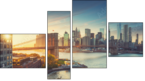Retro style New York Manhattan with Brooklyn Bridge and Brooklyn Bridge Park in the front. - Vierteiliges Leinwandbild, Viertychon