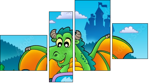 Green dragon driving car - Vierteiliges Leinwandbild, Viertychon