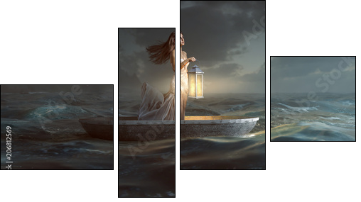 Frau mit Laterne in Ruderboot - Vierteiliges Leinwandbild, Viertychon