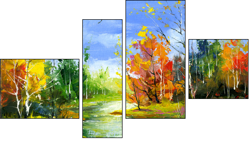 Autumn landscape with the wood river - Vierteiliges Leinwandbild, Viertychon