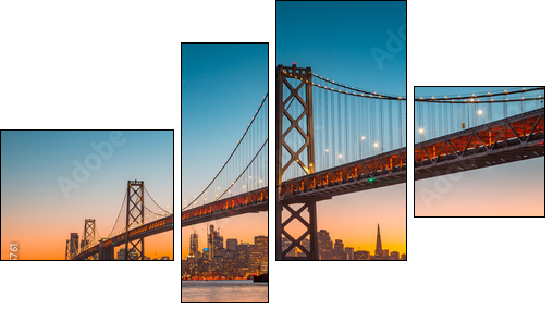 San Francisco skyline with Bay Bridge at sunset, California, USA - Vierteiliges Leinwandbild, Viertychon
