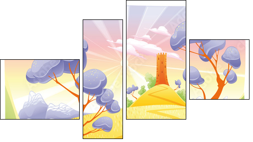 Landscape with tower. Funny cartoon and vector illustration. - Vierteiliges Leinwandbild, Viertychon