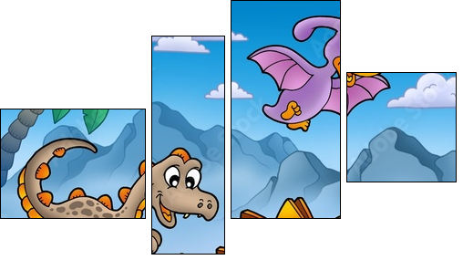 Landscape with dinosaurs 2 - Vierteiliges Leinwandbild, Viertychon