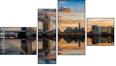 Die Skyline von London: von der Tower Bridge bis zum Tower nach Sonnenuntergang mit Reflektionen in der Themse - Vierteiliges Leinwandbild, Viertychon