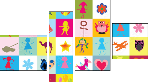 Pattern with toys and kids for kindergarten - Vierteiliges Leinwandbild, Viertychon