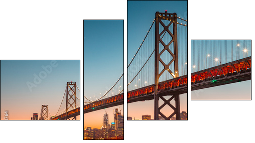 San Francisco skyline with Oakland Bay Bridge at sunset, California, USA - Vierteiliges Leinwandbild, Viertychon