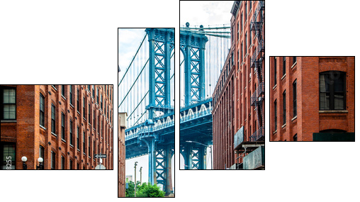 Manhattan Bridge between Manhattan and Brooklyn over East River seen from a narrow alley enclosed by two brick buildings on a sunny day in Washington street in Dumbo, Brooklyn, NYC - Vierteiliges Leinwandbild, Viertychon