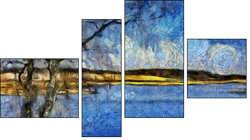 Incredible beauty of nature landscape. Spring season. Impressionism oil painting in Vincent Van Gogh modern style. Creative artistic print for canvas or textile. Wallpaper, poster or postcard design. - Vierteiliges Leinwandbild, Viertychon