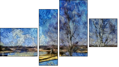 Incredible beauty of nature landscape. Spring season. Impressionism oil painting in Vincent Van Gogh modern style. Creative artistic print for canvas or textile. Wallpaper, poster or postcard design. - Vierteiliges Leinwandbild, Viertychon