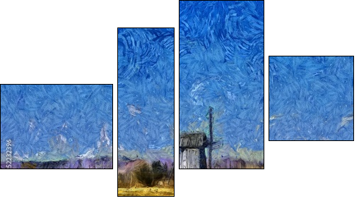 Nature landscape and old historical mill in village. Impressionism oil painting in Vincent Van Gogh modern style. Creative artistic print for canvas or textile. Wallpaper, poster or postcard design. - Vierteiliges Leinwandbild, Viertychon