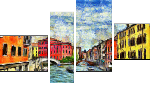 Venetian canal with moving boats, digital imitation of Van Gogh painting style - Vierteiliges Leinwandbild, Viertychon