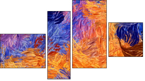 Impressionism wall art print. Vincent Van Gogh style oil painting. Swirl splashes. Surrealism artwork. Abstract artistic background. Real brush strokes on canvas. - Vierteiliges Leinwandbild, Viertychon