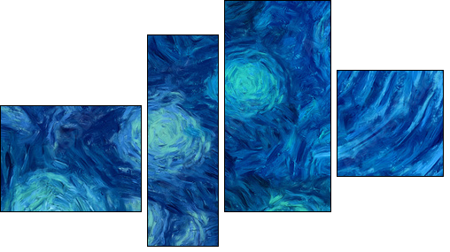Impressionism wall art print. Vincent Van Gogh style oil painting. Swirl splashes. Surrealism artwork. Abstract artistic background. Real brush strokes on canvas. - Vierteiliges Leinwandbild, Viertychon