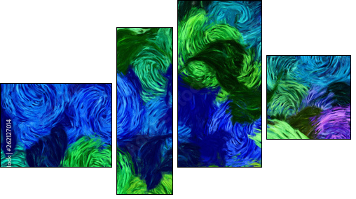 Impressionism wall art print. Vincent Van Gogh style oil painting. Swirl splashes. Surrealism artwork. Abstract artistic background. Real brush strokes on canvas. - Vierteiliges Leinwandbild, Viertychon