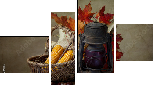 Herbstliches Stilleben mit Petroleumlampe und Mais in Weidenkorb - Vierteiliges Leinwandbild, Viertychon
