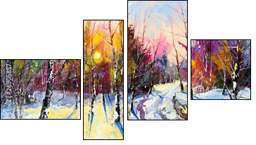 Sunset in winter wood - Vierteiliges Leinwandbild, Viertychon