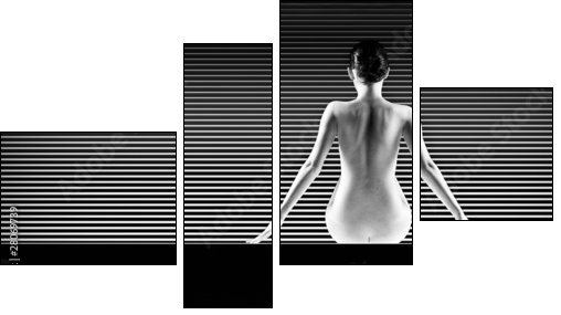 black and white artistic nude; a back silhouette shot on striped - Vierteiliges Leinwandbild, Viertychon