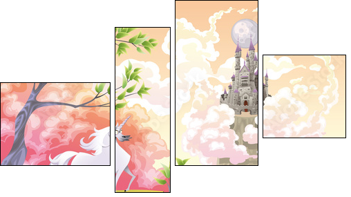 Unicorn and mythological landscape. Vector illustration - Vierteiliges Leinwandbild, Viertychon