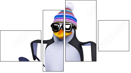 3d Penguin skiing like a pro - Vierteiliges Leinwandbild, Viertychon
