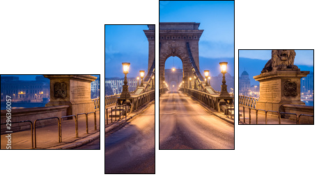 Historic Chain Bridge in Budapest in winter - Vierteiliges Leinwandbild, Viertychon