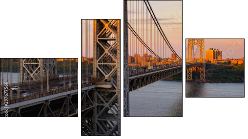 The George Washington Bridge (long-span suspension bridge) across the Hudson River at sunset. Uptown and Fort Washington Park, New York City, USA - Vierteiliges Leinwandbild, Viertychon