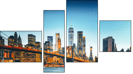 New York night view of the Lower Manhattan and the Brooklyn Bridge across the East River. - Vierteiliges Leinwandbild, Viertychon