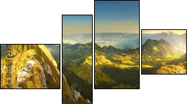 Great panoramic view of morning mountains in Switzerland with Lake Zürich and many tops in autumn - Vierteiliges Leinwandbild, Viertychon