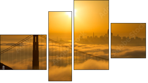 Spectacular Golden Gate Bridge sunrise with low fog and city view - Vierteiliges Leinwandbild, Viertychon