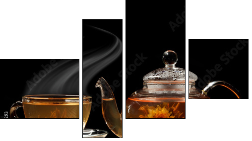 Glass teapot and a cup of green tea on a black background - Vierteiliges Leinwandbild, Viertychon
