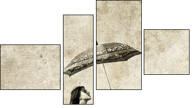 Girl with umbrella on bike. Photo in old image style. - Vierteiliges Leinwandbild, Viertychon