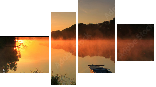 Boat on the shore of a misty lake - Vierteiliges Leinwandbild, Viertychon