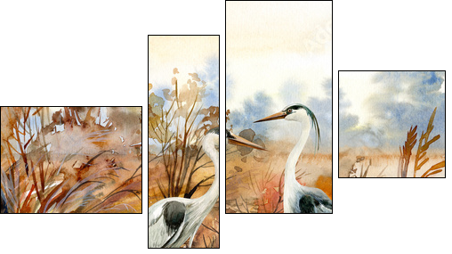 autumn landscape with birds  crane, watercolor illustration - Vierteiliges Leinwandbild, Viertychon