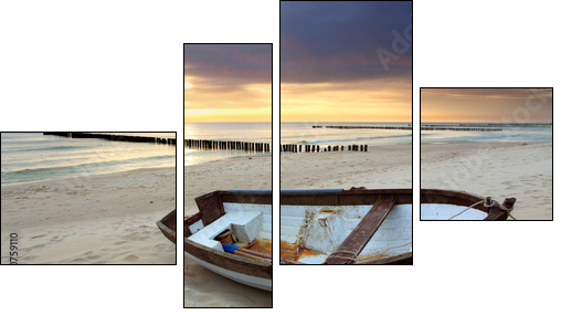 Boat on beautiful beach in sunrise - Vierteiliges Leinwandbild, Viertychon