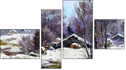 Small house in winter village - Vierteiliges Leinwandbild, Viertychon