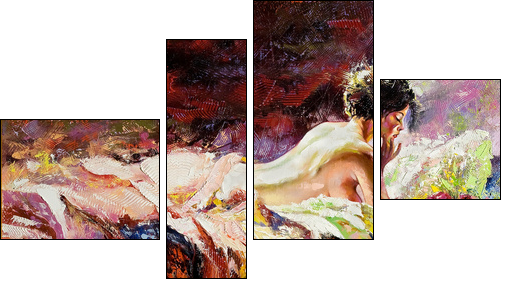 The naked girl laying on a bed - Vierteiliges Leinwandbild, Viertychon